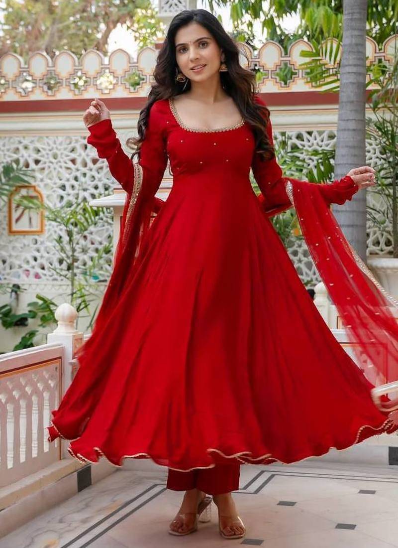 Red faux georgette 7 meter flair hand work anarkali set