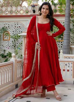 Red faux georgette 7 meter flair hand work anarkali set 2
