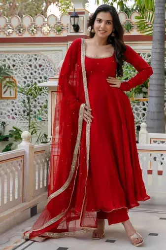 Red faux georgette 7 meter flair hand work anarkali set