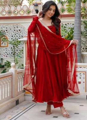 Red faux georgette 7 meter flair hand work anarkali set 3