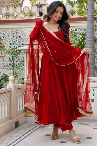 Red faux georgette 7 meter flair hand work anarkali set