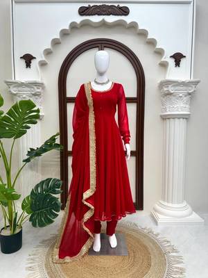 Red faux georgette 7 meter flair hand work anarkali set 4