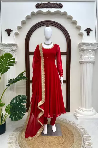 Red faux georgette 7 meter flair hand work anarkali set