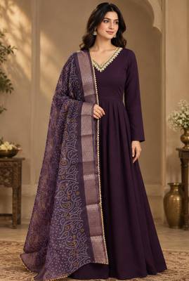 Wine faux georgette hand work flared gown with heavy dupatta 1