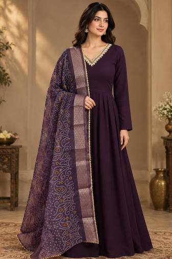 Wine faux georgette hand work flared gown with heavy dupatta