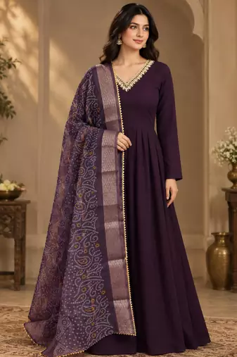 Wine faux georgette hand work flared gown with heavy dupatta