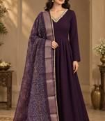 Wine faux georgette hand work flared gown with heavy dupatta