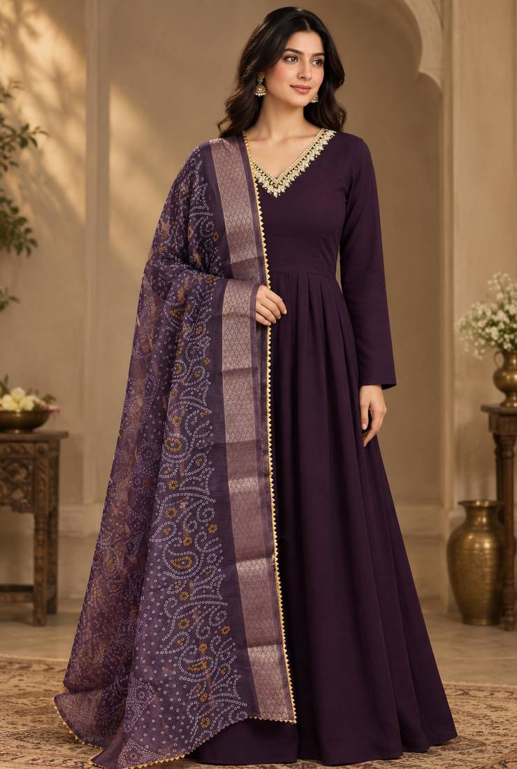 Wine faux georgette hand work flared gown with heavy dupatta