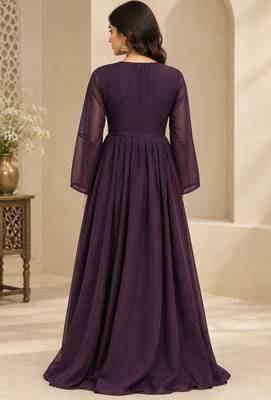 Wine faux georgette hand work flared gown with heavy dupatta 2