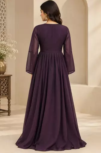 Wine faux georgette hand work flared gown with heavy dupatta