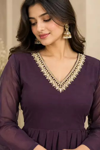 Wine faux georgette hand work flared gown with heavy dupatta
