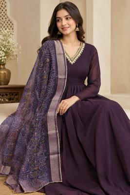 Wine faux georgette hand work flared gown with heavy dupatta 4