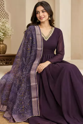 Wine faux georgette hand work flared gown with heavy dupatta