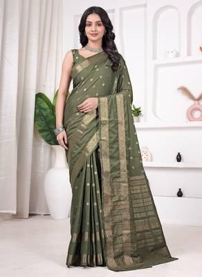 pemium olive green crepe all over woven zari design wedding and party wear saree with blouse 1