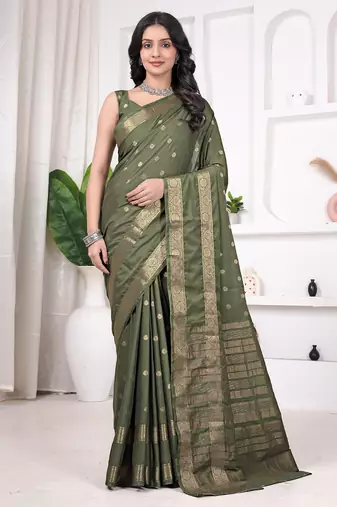 pemium olive green crepe all over woven zari design wedding and party wear saree with blouse