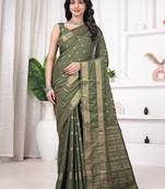 pemium olive green crepe all over woven zari design wedding and party wear saree with blouse