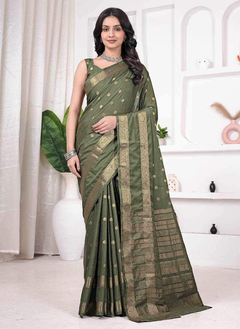 pemium olive green crepe all over woven zari design wedding and party wear saree with blouse