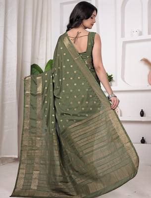 pemium olive green crepe all over woven zari design wedding and party wear saree with blouse 2