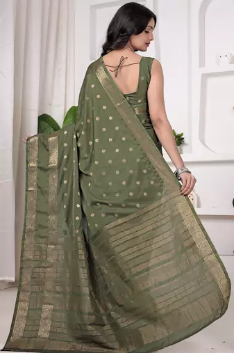 pemium olive green crepe all over woven zari design wedding and party wear saree with blouse