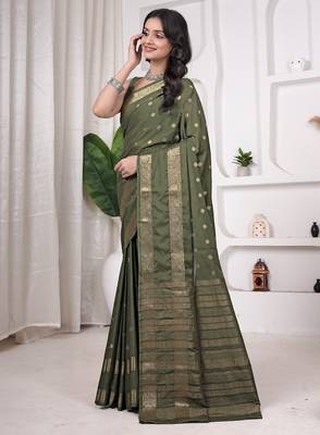 pemium olive green crepe all over woven zari design wedding and party wear saree with blouse 3