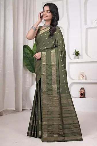 pemium olive green crepe all over woven zari design wedding and party wear saree with blouse