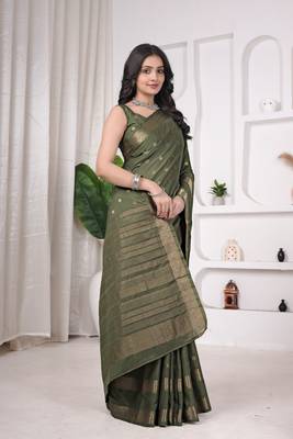 pemium olive green crepe all over woven zari design wedding and party wear saree with blouse 4