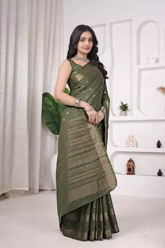 pemium olive green crepe all over woven zari design wedding and party wear saree with blouse
