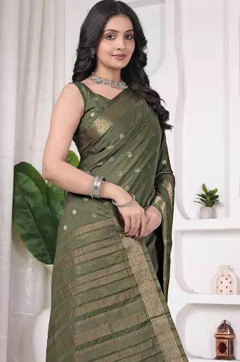 pemium olive green crepe all over woven zari design wedding and party wear saree with blouse