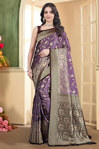 pemium purple and dark purple pure satin all over woven zari design wedding and party wear saree with blouse