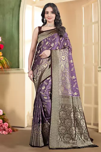 pemium purple and dark purple pure satin all over woven zari design wedding and party wear saree with blouse