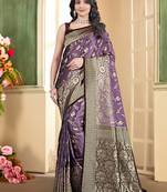 pemium purple and dark purple pure satin all over woven zari design wedding and party wear saree with blouse