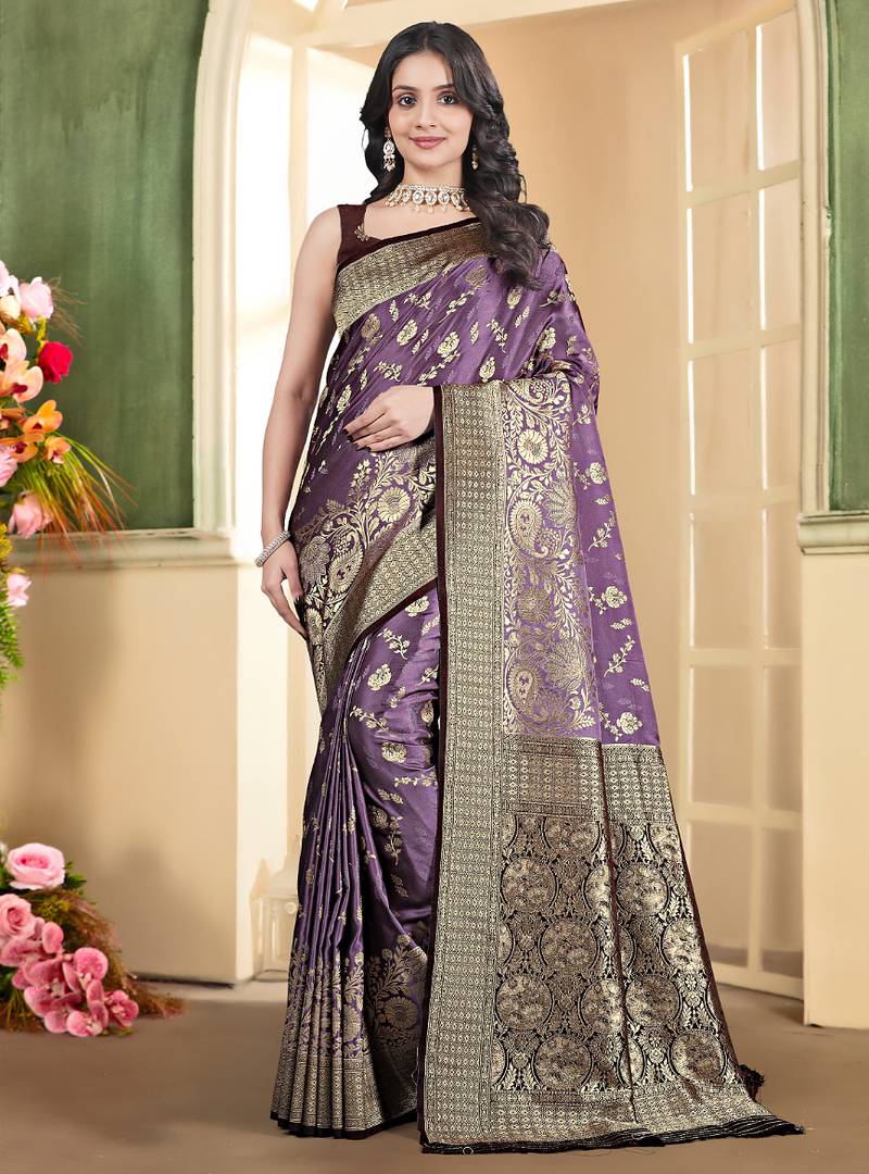 pemium purple and dark purple pure satin all over woven zari design wedding and party wear saree with blouse