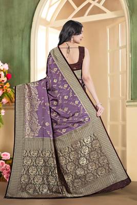 pemium purple and dark purple pure satin all over woven zari design wedding and party wear saree with blouse 2