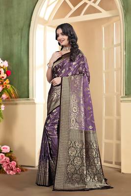 pemium purple and dark purple pure satin all over woven zari design wedding and party wear saree with blouse 3