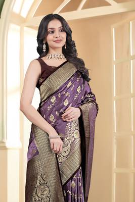 pemium purple and dark purple pure satin all over woven zari design wedding and party wear saree with blouse 4
