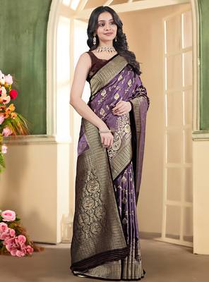 pemium purple and dark purple pure satin all over woven zari design wedding and party wear saree with blouse 5