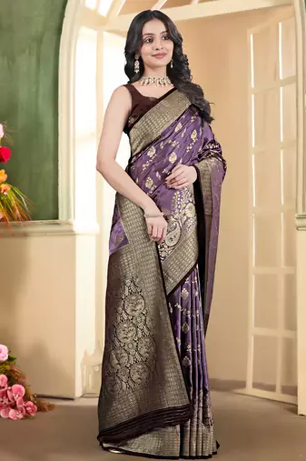 pemium purple and dark purple pure satin all over woven zari design wedding and party wear saree with blouse