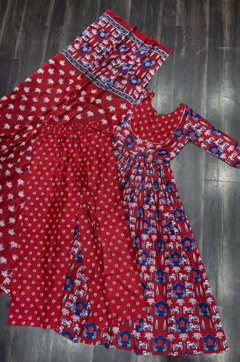 red cotton readymade anarkali suit with floral printed work