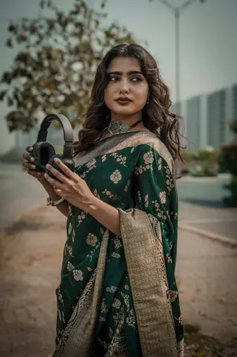 pemium dark green pure satin all over woven zari design wedding and party wear saree with blouse