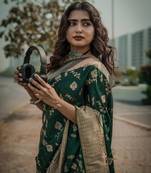 pemium dark green pure satin all over woven zari design wedding and party wear saree with blouse