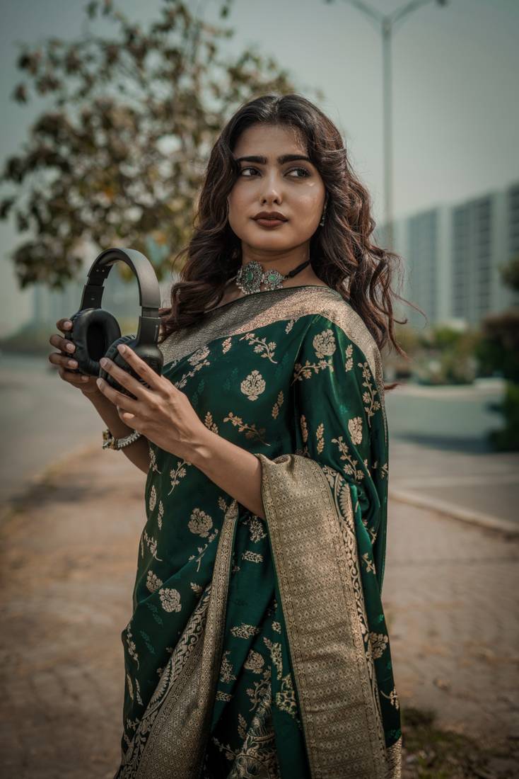 pemium dark green pure satin all over woven zari design wedding and party wear saree with blouse