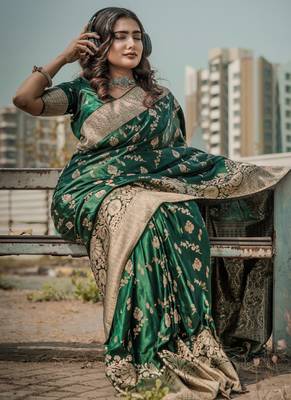 pemium dark green pure satin all over woven zari design wedding and party wear saree with blouse 2