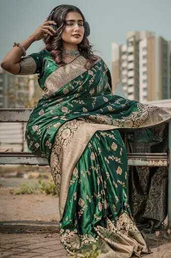 pemium dark green pure satin all over woven zari design wedding and party wear saree with blouse