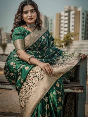 pemium dark green pure satin all over woven zari design wedding and party wear saree with blouse 3