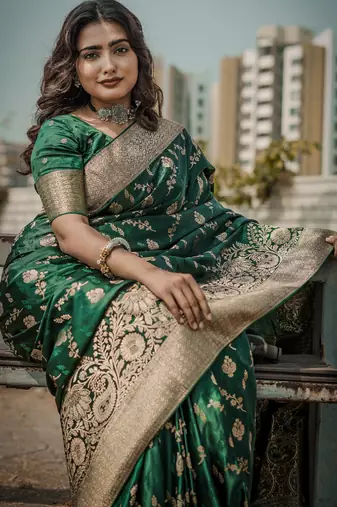 pemium dark green pure satin all over woven zari design wedding and party wear saree with blouse