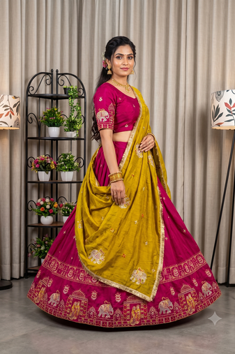 Women's Rani Pink Traditional Navratri Chaniya Choli with Border Embroidery & Heavy Contrast Yellow Dupatta Set