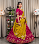 Women's Rani Pink Traditional Navratri Chaniya Choli with Border Embroidery & Heavy Contrast Yellow Dupatta Set