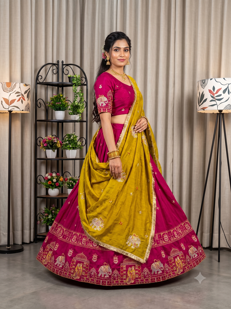 Women's Rani Pink Traditional Navratri Chaniya Choli with Border Embroidery & Heavy Contrast Yellow Dupatta Set