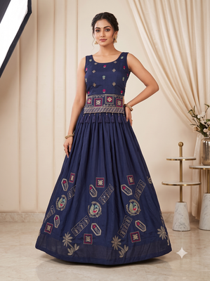 Navy Blue Embroidered Chaniya Choli Set for Navratri & Garba with Mirror Work Koti Blouse 1