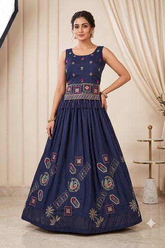 Navy Blue Embroidered Chaniya Choli Set for Navratri & Garba with Mirror Work Koti Blouse